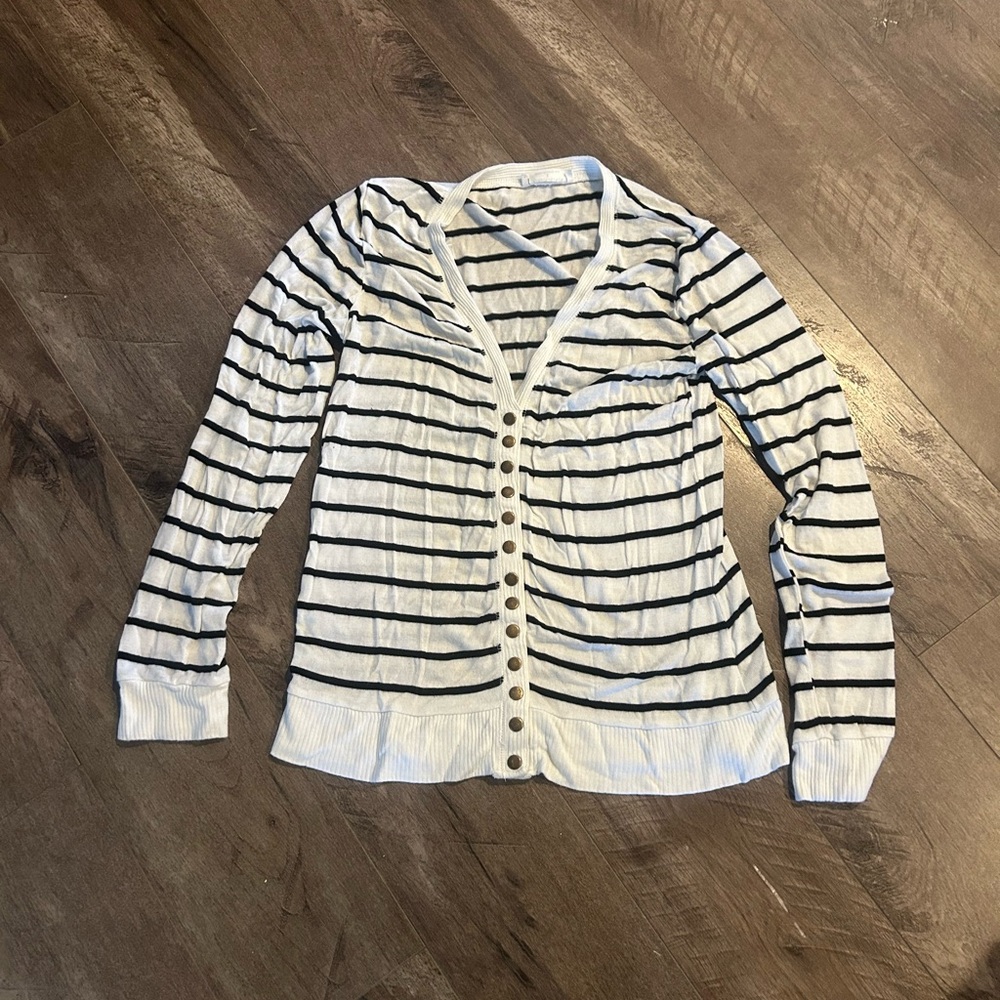 Zenana Outfitters White and Black Striped Button-Up Cardigan